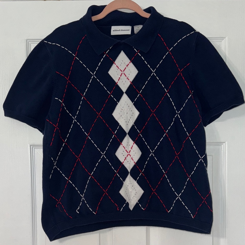 Vintage 100% cotton red white and blue collared knit sweater t shirt
